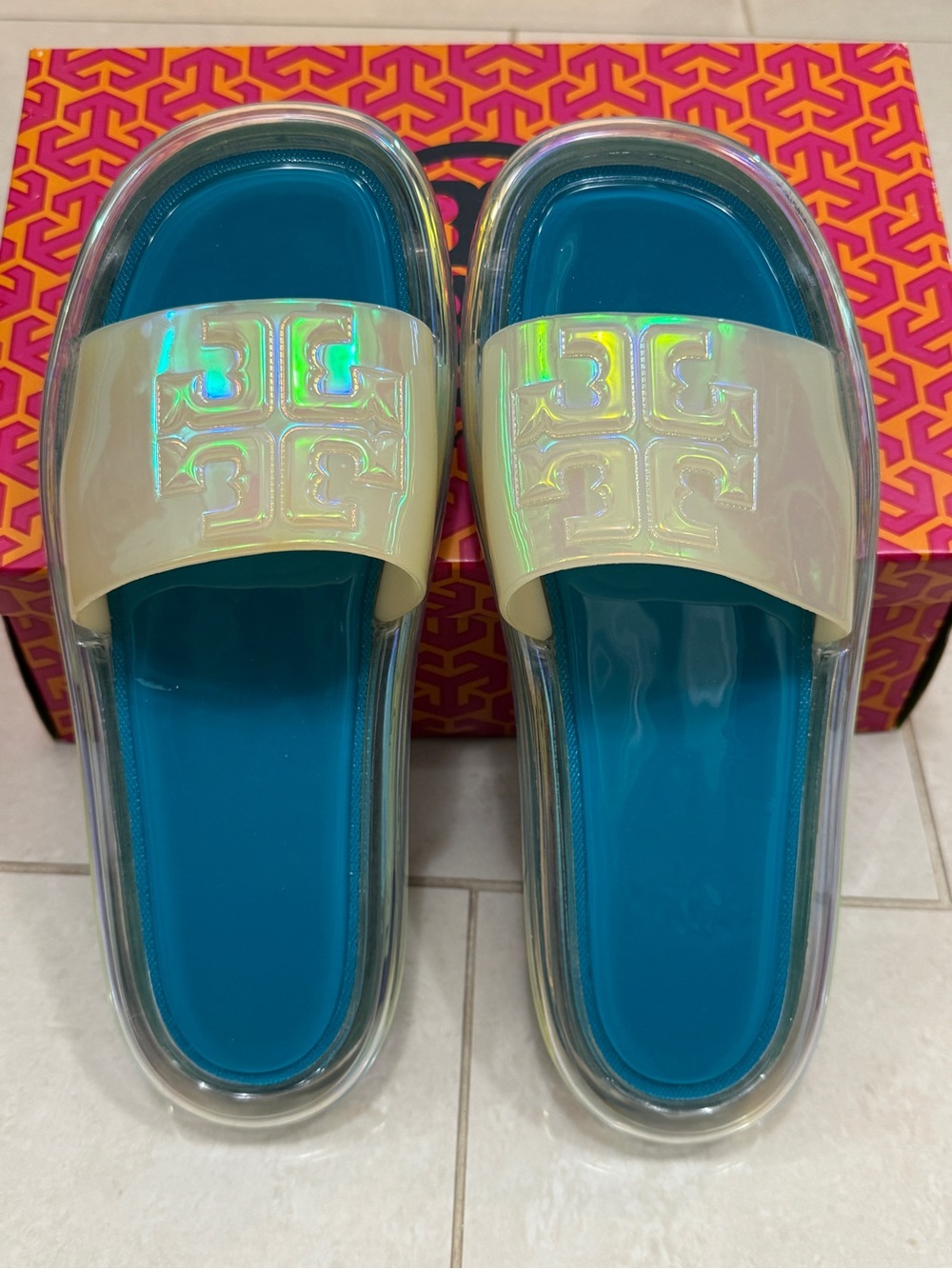 Tory Burch Iridescent Cream Slide Sandals with Teal Footbed